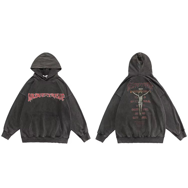 Hip Hop Men Sweatshirt Hoodie Streetwear Jesus Letter Print Washed Pullover 2025 Autumn Harajuku Cotton Hooded Sweatshirt Black