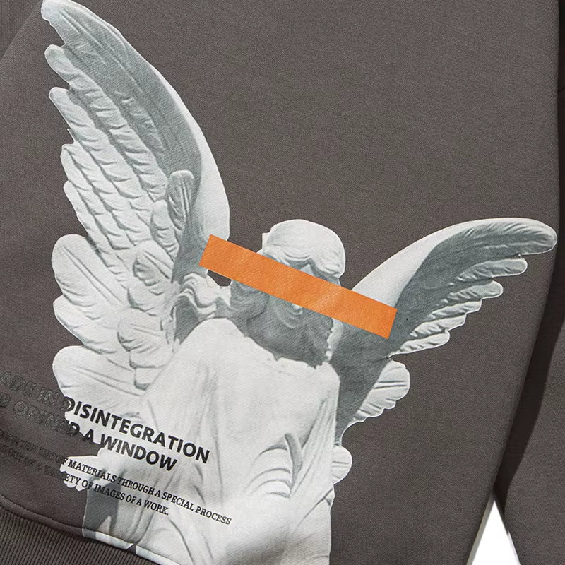 Mens 2025 Hip Hop Streetwear Harajuku Pullover Angel God Printed Hoodie Pocket Cotton Fleece Pullover Grey Hooded Sweatshirt