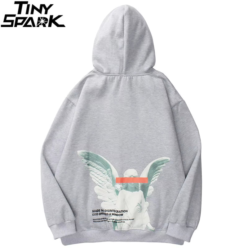 Mens 2025 Hip Hop Streetwear Harajuku Pullover Angel God Printed Hoodie Pocket Cotton Fleece Pullover Grey Hooded Sweatshirt