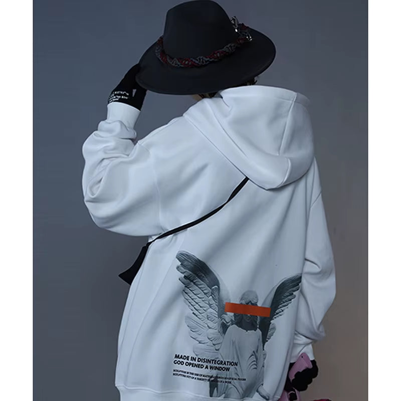 Mens 2025 Hip Hop Streetwear Harajuku Pullover Angel God Printed Hoodie Pocket Cotton Fleece Pullover Grey Hooded Sweatshirt
