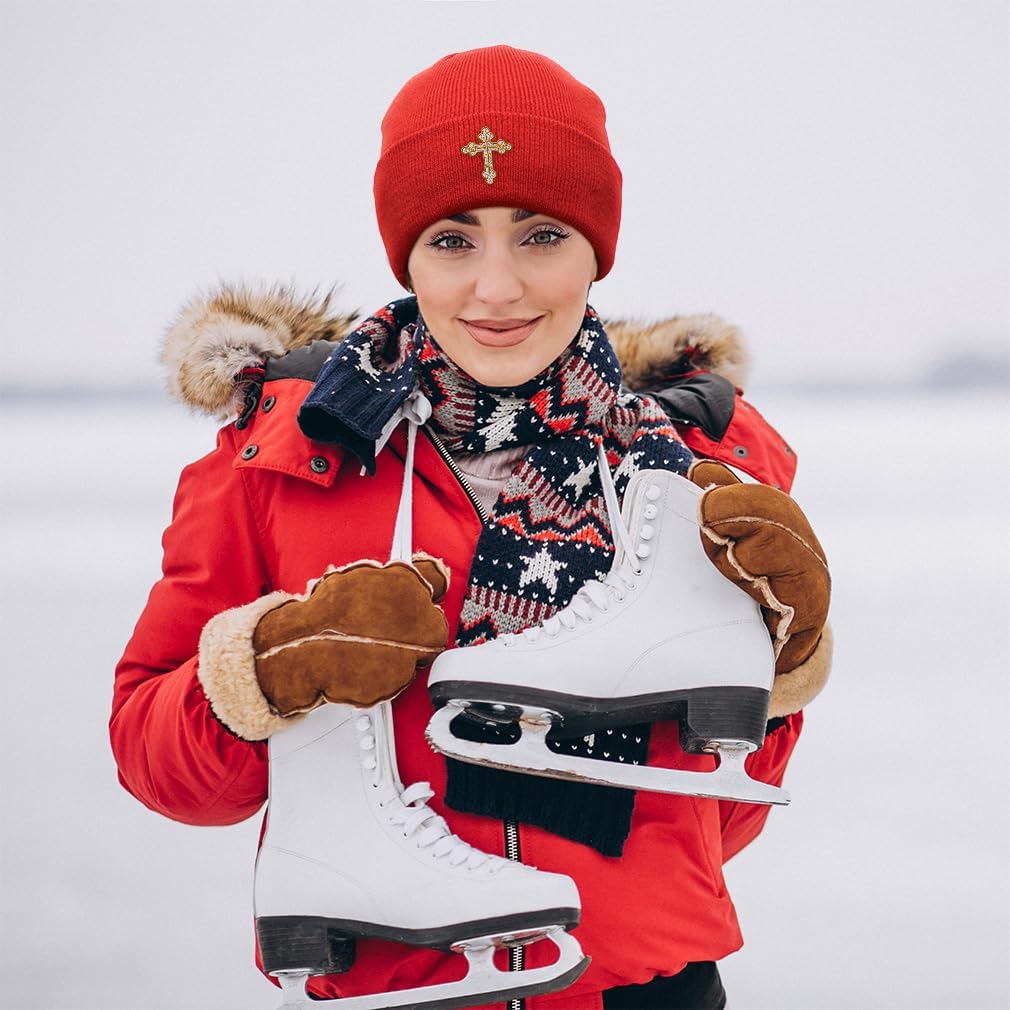 Custom Beanies for Men Gold Outline Orthodox Cross Faith Jesus God Skull Cap Winter Hats Women One Size