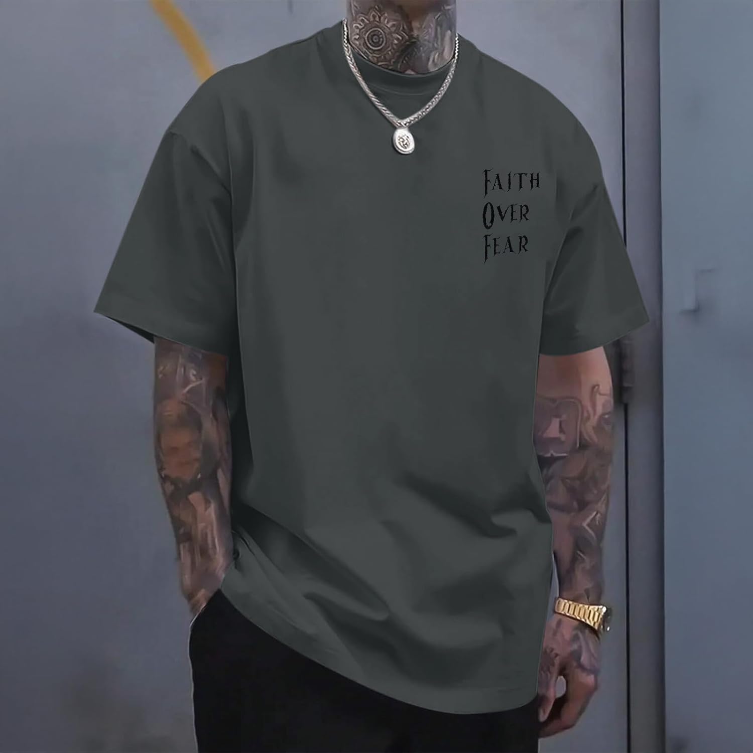 Christian Faith over Fear Shirt Jesus Cross T Shirts for Mens Oversized Religious Tshirts God Vintage Graphic Tee