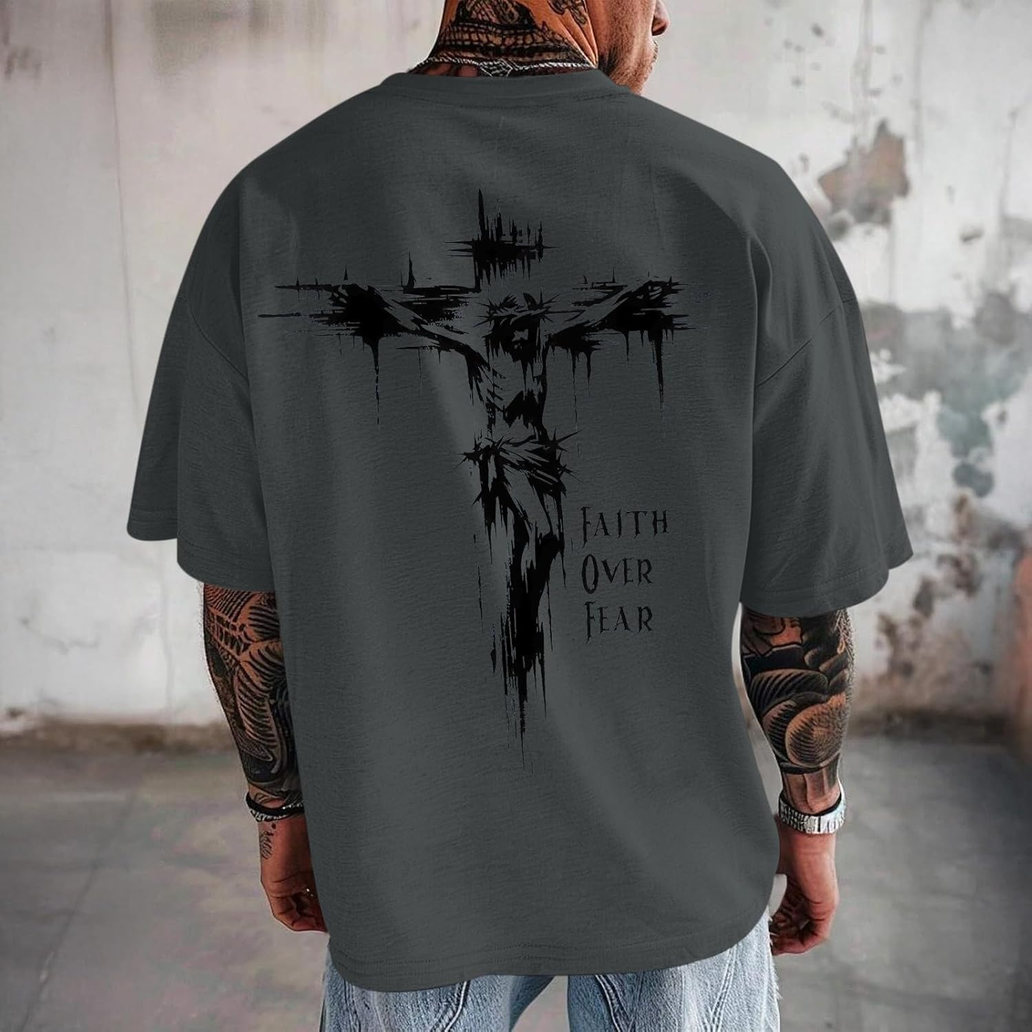 Christian Faith over Fear Shirt Jesus Cross T Shirts for Mens Oversized Religious Tshirts God Vintage Graphic Tee