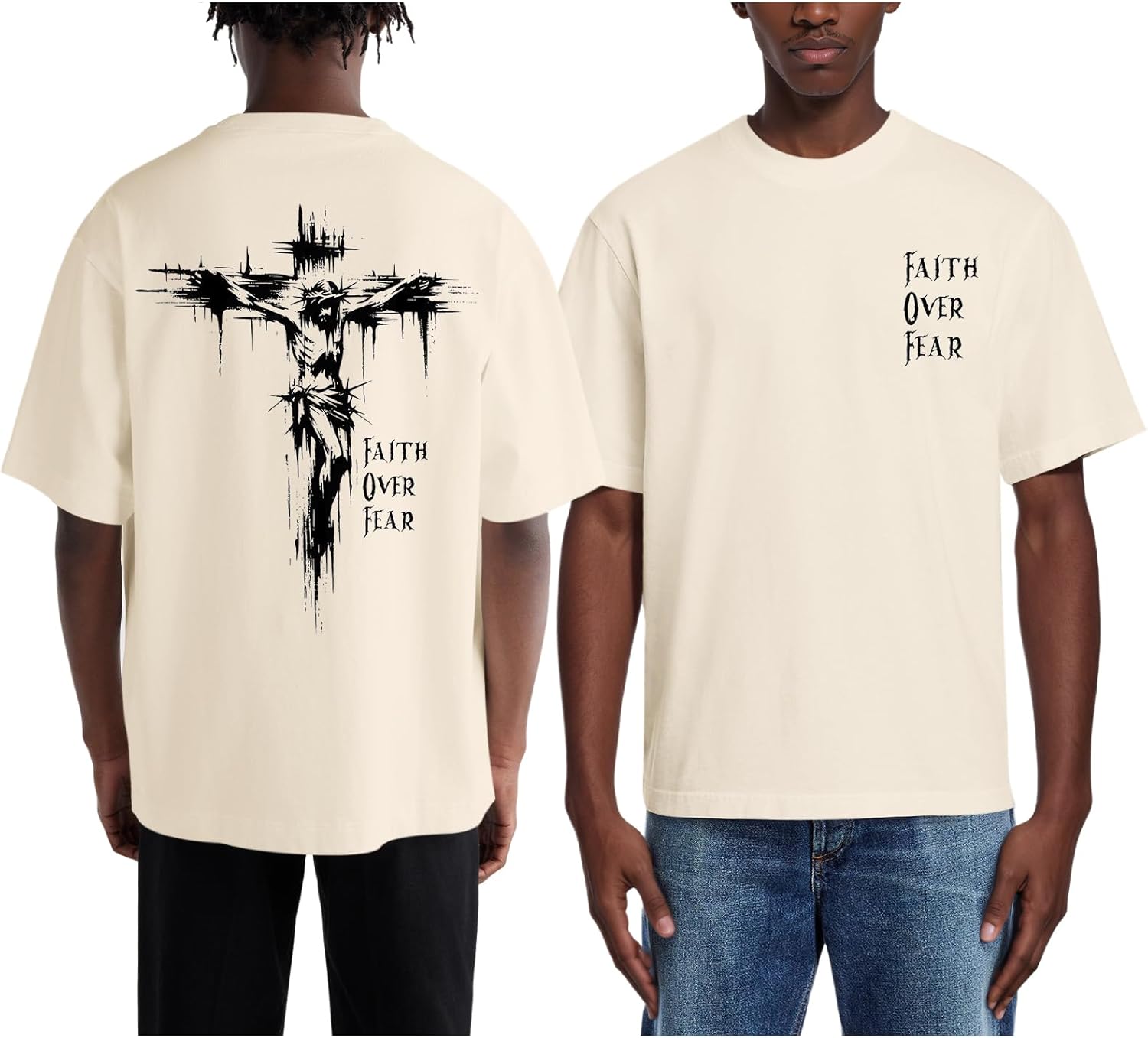 Christian Faith over Fear Shirt Jesus Cross T Shirts for Mens Oversized Religious Tshirts God Vintage Graphic Tee