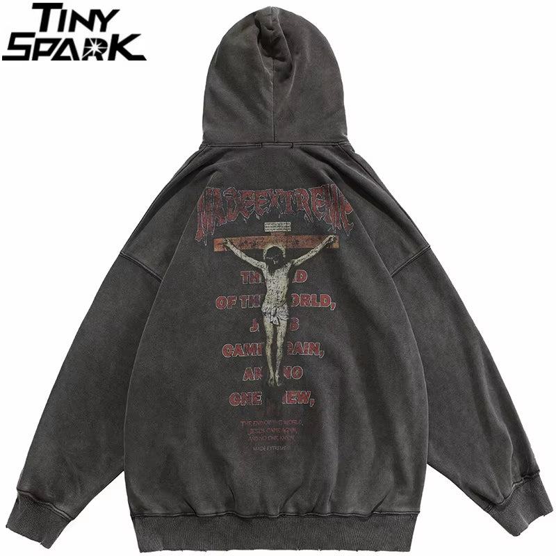 Hip Hop Men Sweatshirt Hoodie Streetwear Jesus Letter Print Washed Pullover 2025 Autumn Harajuku Cotton Hooded Sweatshirt Black