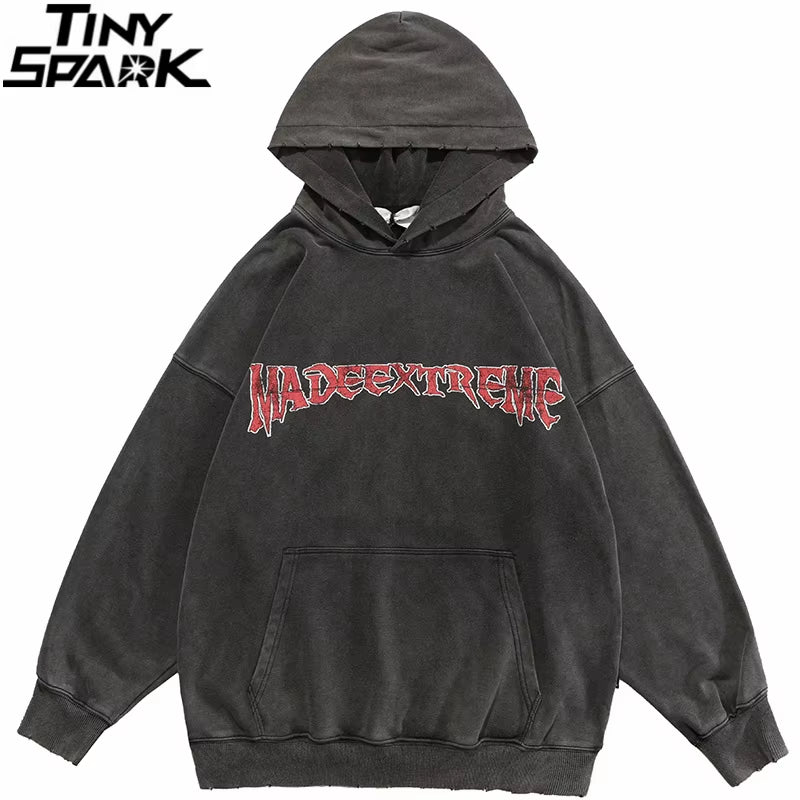 Hip Hop Men Sweatshirt Hoodie Streetwear Jesus Letter Print Washed Pullover 2025 Autumn Harajuku Cotton Hooded Sweatshirt Black